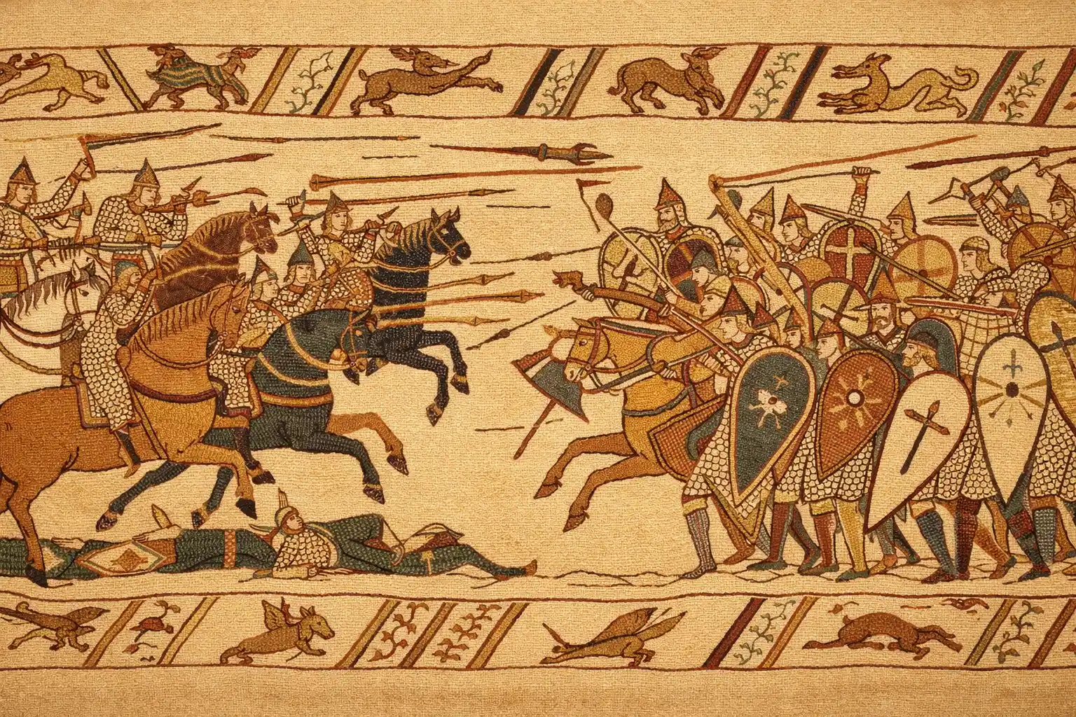 A scene from the Bayeux Tapestry depicting the Norman cavalry charging at the Battle of Hastings in 1066, marking the beginning of Norman rule in England.