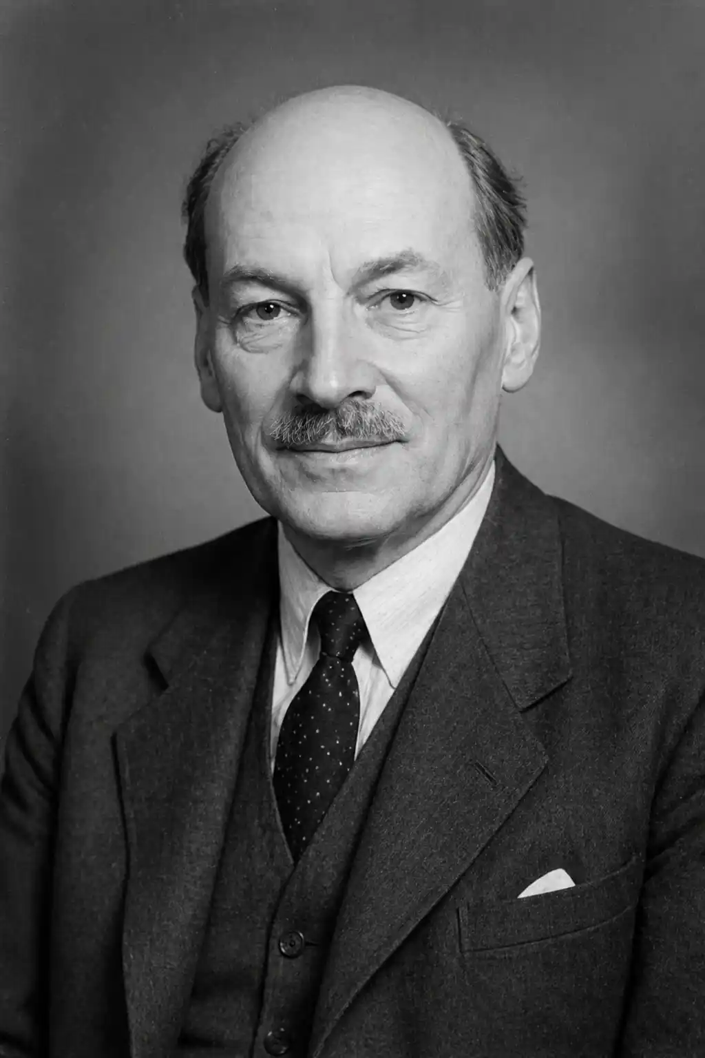 Portrait evoking Clement Attlee — Labour Prime Minister 1945–1951, architect of the NHS and modern welfare state.