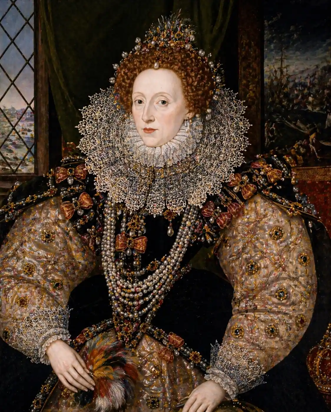 Portrait of Queen Elizabeth I in Tudor dress — who presided over England's Golden Age and the defeat of the Spanish Armada.