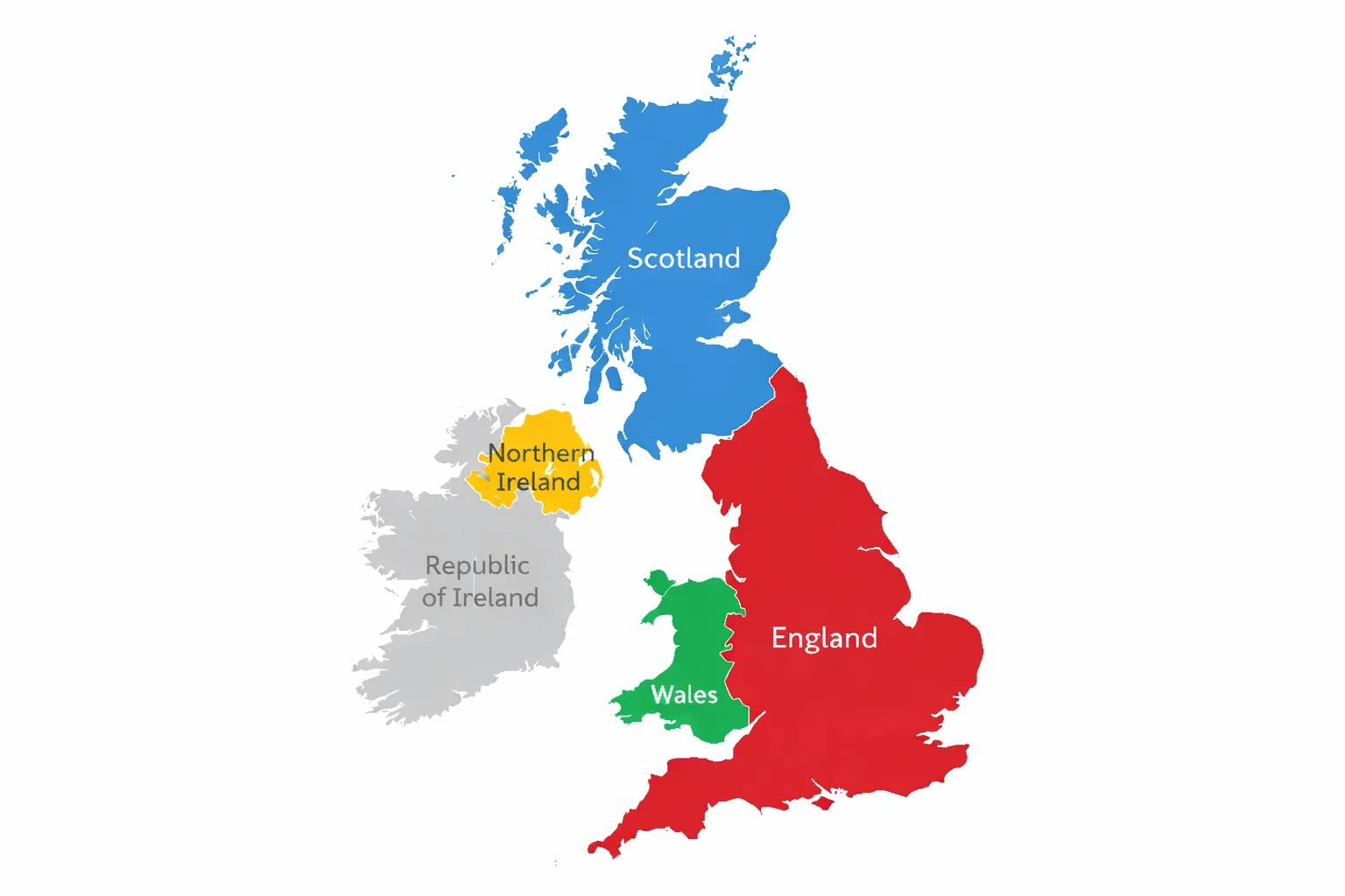This map shows the four nations of the UK. The Republic of Ireland is a separate country and not part of the United Kingdom.