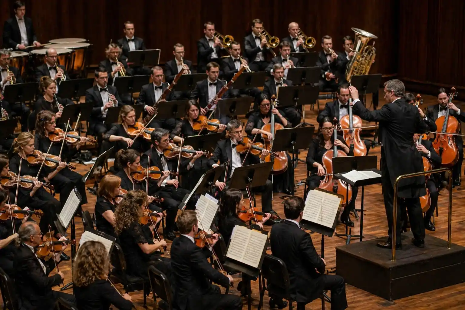 A full symphony orchestra performs in a grand British concert hall — representing Britain's rich classical music tradition.