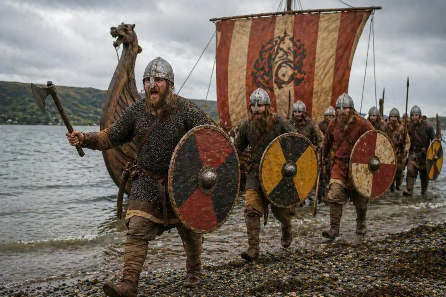Viking warriors in period costume advance in formation — representing the Norse raiders who settled in British Danelaw.