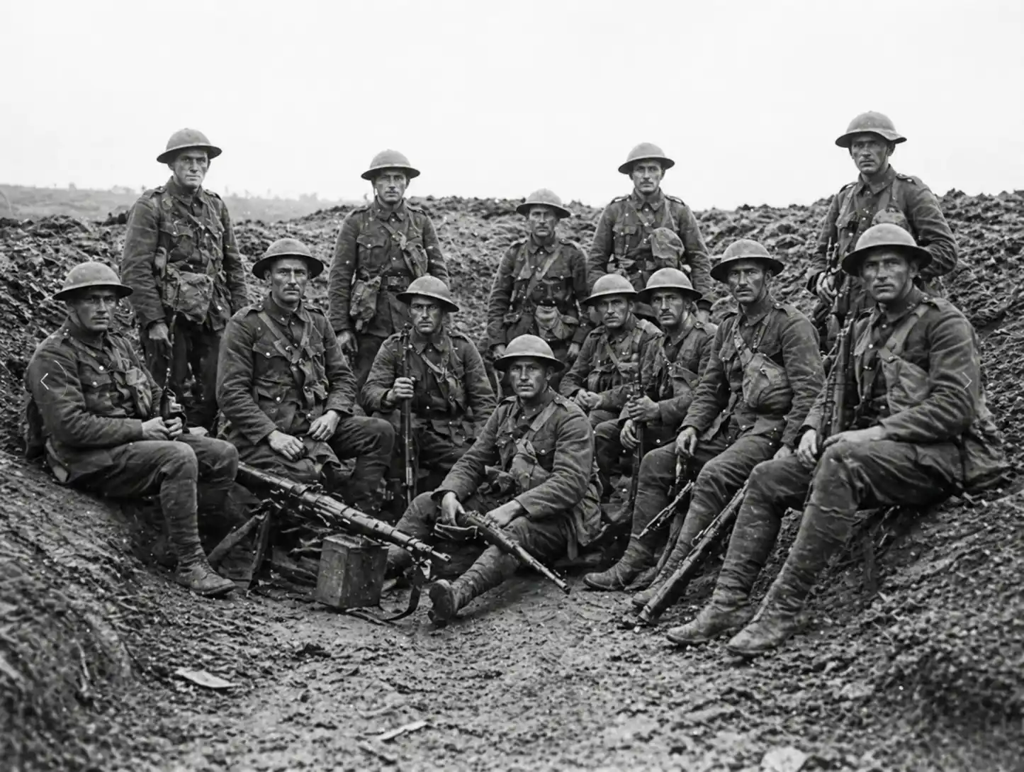 Anonymous British soldiers in Great War uniform moving along a trench on the Western Front.