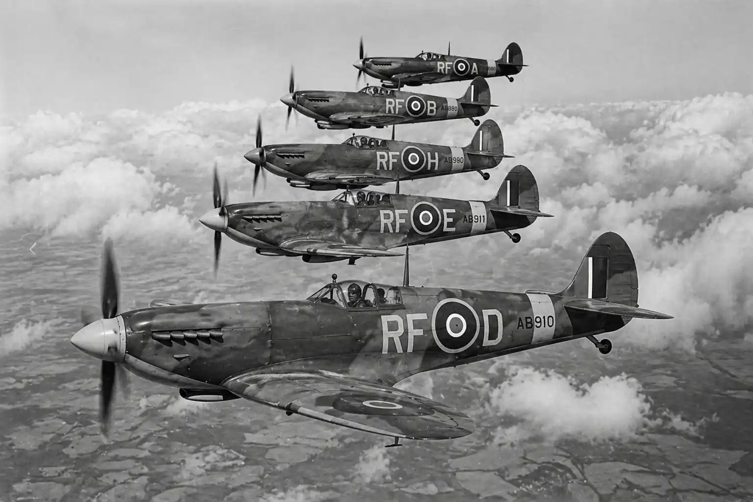 RAF Spitfire and Hurricane aircraft flying in formation — representing Britain's decisive air campaign in the Second World War.